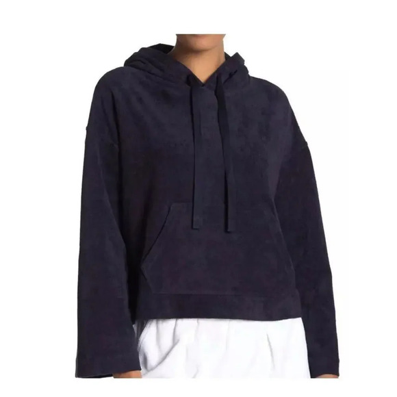 VINCE French Terry Hoodie Womens Small Navy Wide Sleeve Blue Sweatshirt 1280 - Picture 1 of 11